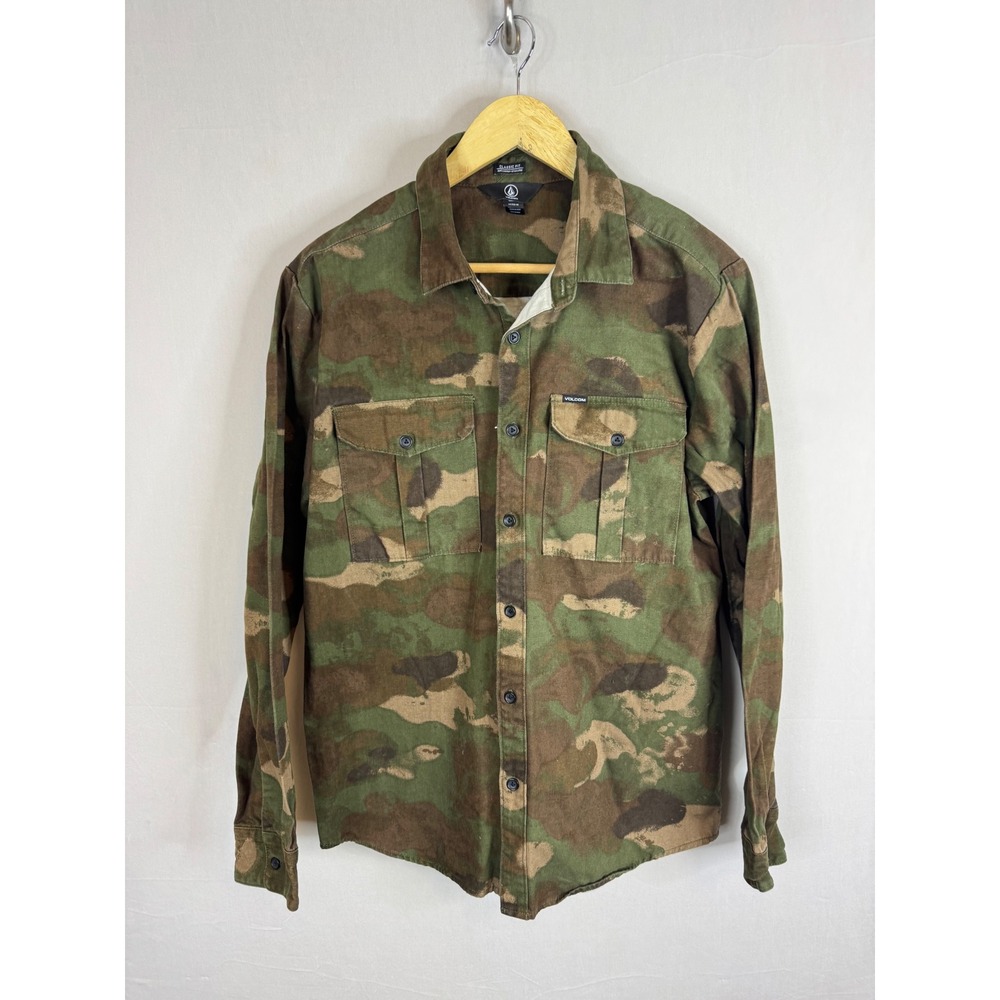 Volcom Mens Camo Button Down Shirt Classic‎ Fit Long Sleeve Green Brown Medium